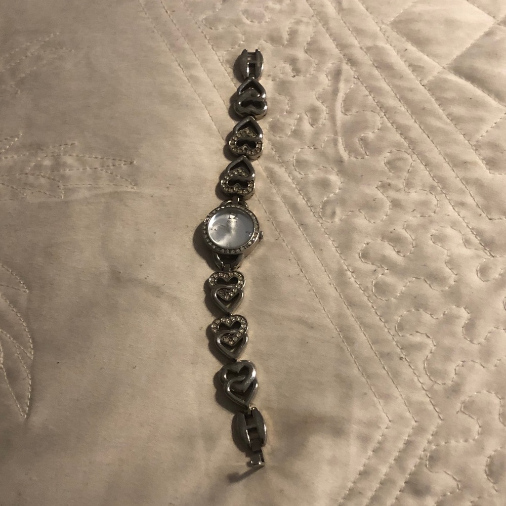 Guess Silver Heart Link Bracelet Watch with Crystal Accents